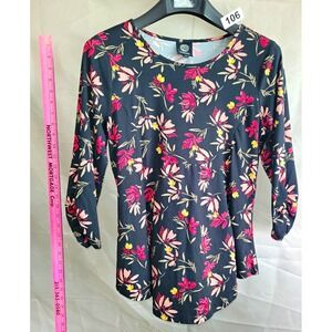 Bobeau Black Floral Knit Mini Dress Stretch Balloon Long Sleeve Round Neck S